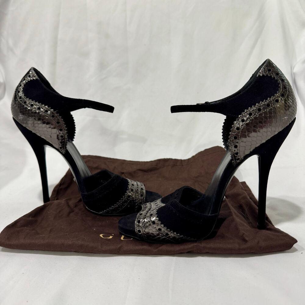 Gucci Black Suede Metallic Python Brogue Ankle Strap Heels 39 - Picture 6 of 10